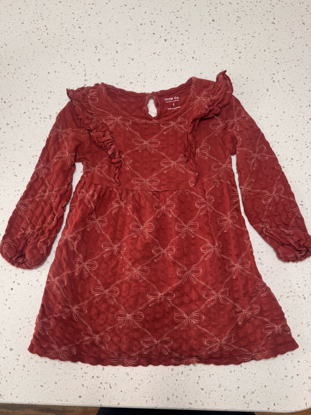 Little Co. Girls' Crimson Bow-Print Long Sleeve Dress